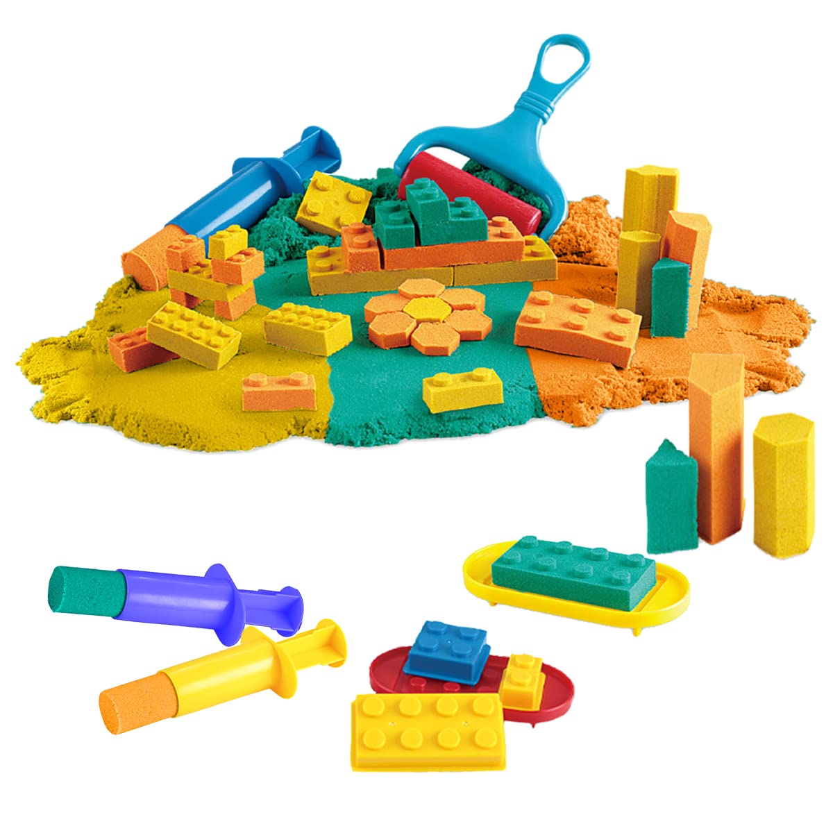 Coo11 Space Sand Case Play Set 1000G, Advanced Building Sand Molds and Tools Kit, Castle Bricks and Walls Molds, and Tools Fun Kit Compact Beach Toys