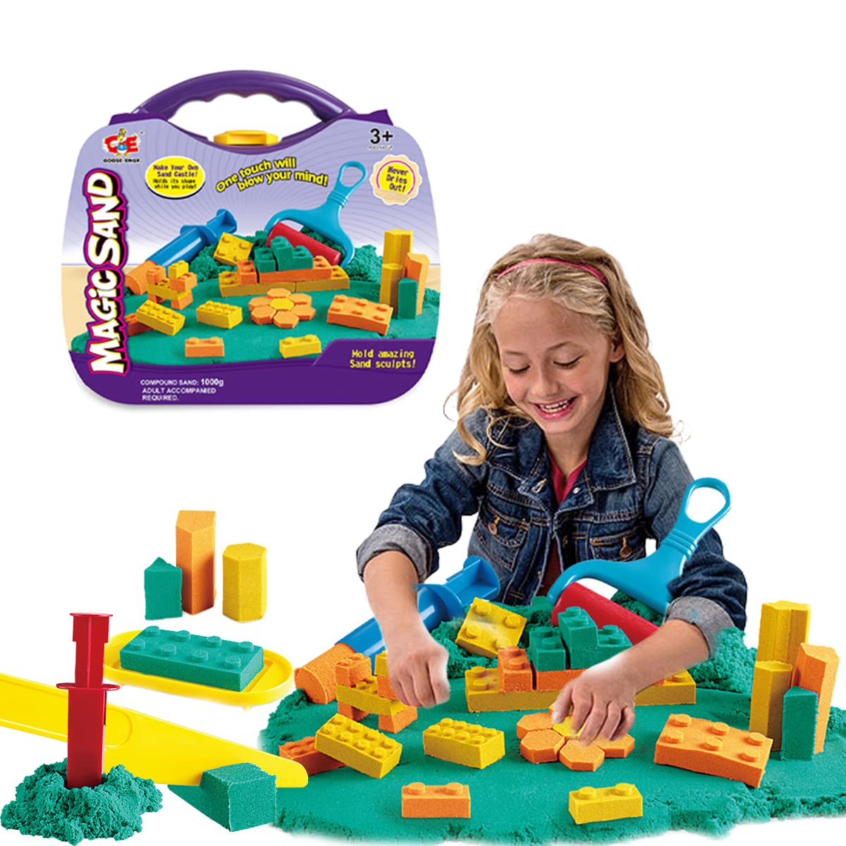 Coo11 Space Sand Case Play Set 1000G, Advanced Building Sand Molds and Tools Kit, Castle Bricks and Walls Molds, and Tools Fun Kit Compact Beach Toys