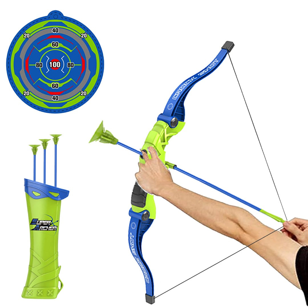 Coo11 57 CM Large Kids Lightweight Bow And Arrow Toy 1 Bow 3 Arrows 1 Wall Mounted Target, Safe Durable Indoor Outdoor Shooting Archery Full Set (Green and Blue) Boys & Girls 3+ Year