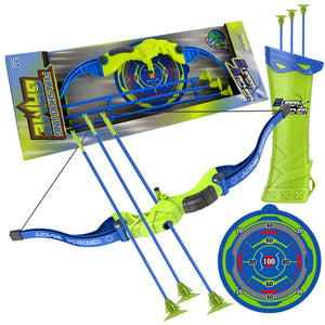 Coo11 57 CM Large Kids Lightweight Bow And Arrow Toy 1 Bow 3 Arrows 1 Wall Mounted Target, Safe Durable Indoor Outdoor Shooting Archery Full Set (Green and Blue) Boys & Girls 3+ Year