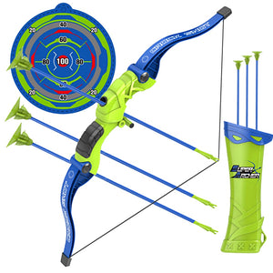 Coo11 57 CM Large Kids Lightweight Bow And Arrow Toy 1 Bow 3 Arrows 1 Wall Mounted Target, Safe Durable Indoor Outdoor Shooting Archery Full Set (Green and Blue) Boys & Girls 3+ Year