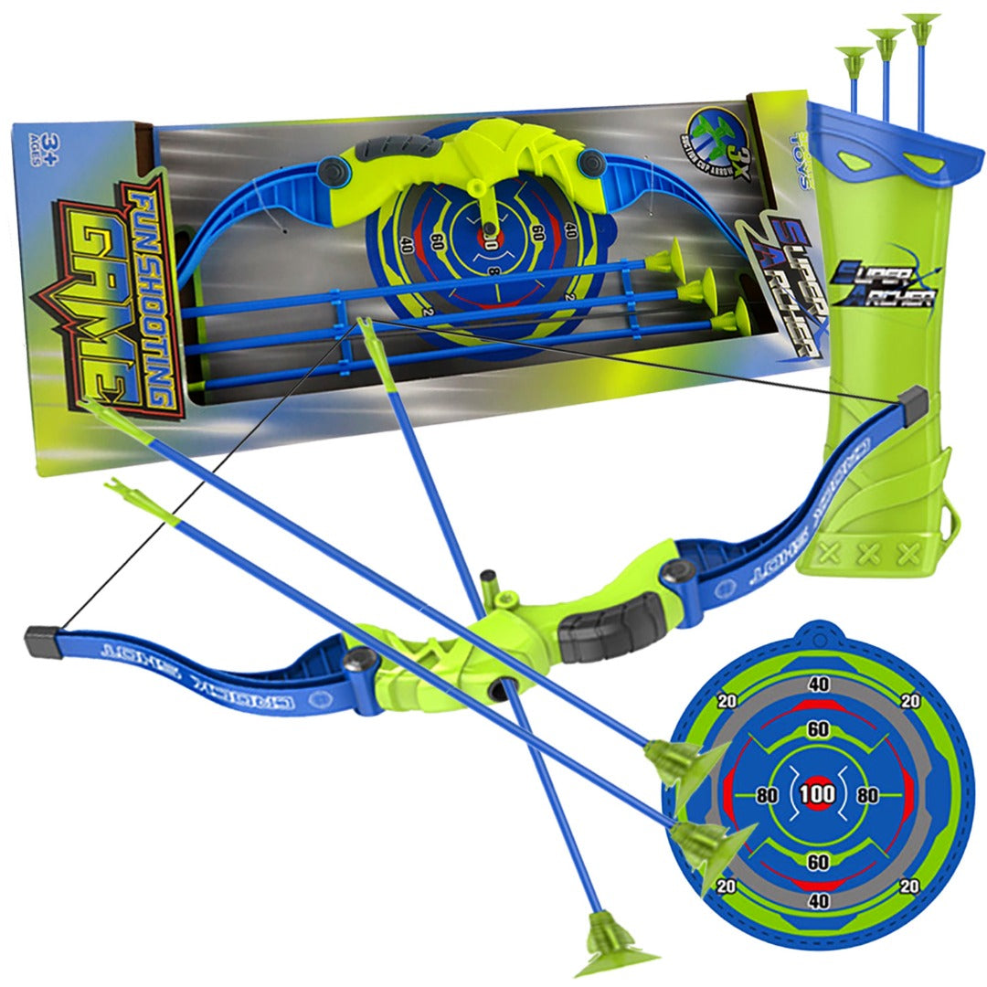 Coo11 57 CM Large Kids Lightweight Bow And Arrow Toy 1 Bow 3 Arrows 1 Wall Mounted Target, Safe Durable Indoor Outdoor Shooting Archery Full Set (Green and Blue) Boys & Girls 3+ Year