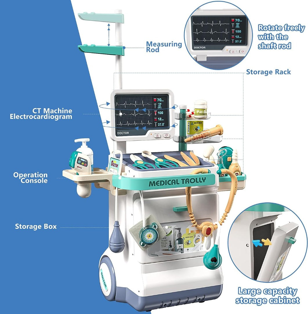 Coo11 26 Pcs Realistic Doctor cart Play Kit Set Medical Trolley Light & Sound Learning Toy