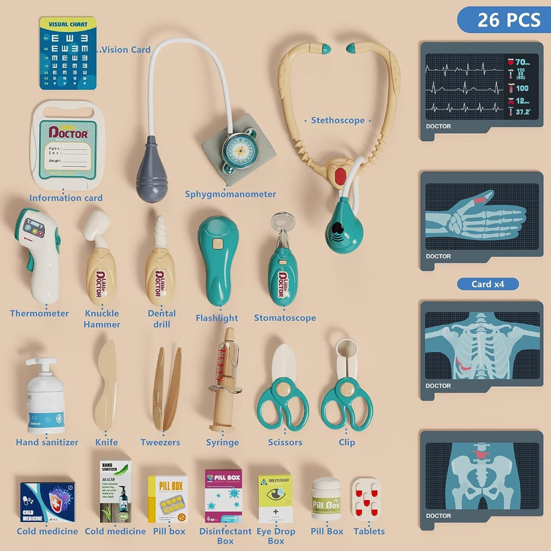 Coo11 26 Pcs Realistic Doctor cart Play Kit Set Medical Trolley Light & Sound Learning Toy