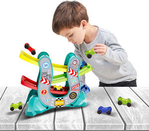 Coo11 Race Track Car Ramp Toy for Children, Color Vehicle, Fine Motor Skill Building Learning Toys Gift for 4 to 6 Years Old Children, Durable and Safe, Flip-Action, Easy to Store, Fast & Furious