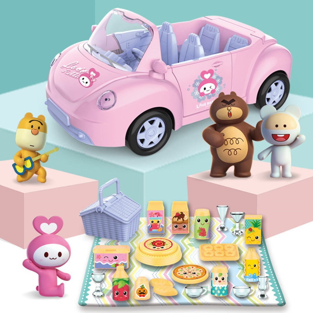 Coo11 Kids Rabbit Print Convertible Car Toy with 4 Doll, Open door, Spacious, Intersting Family Toys, Fun Learning Game, Perfect Gift for Boys & Girls, Suitable for 3+