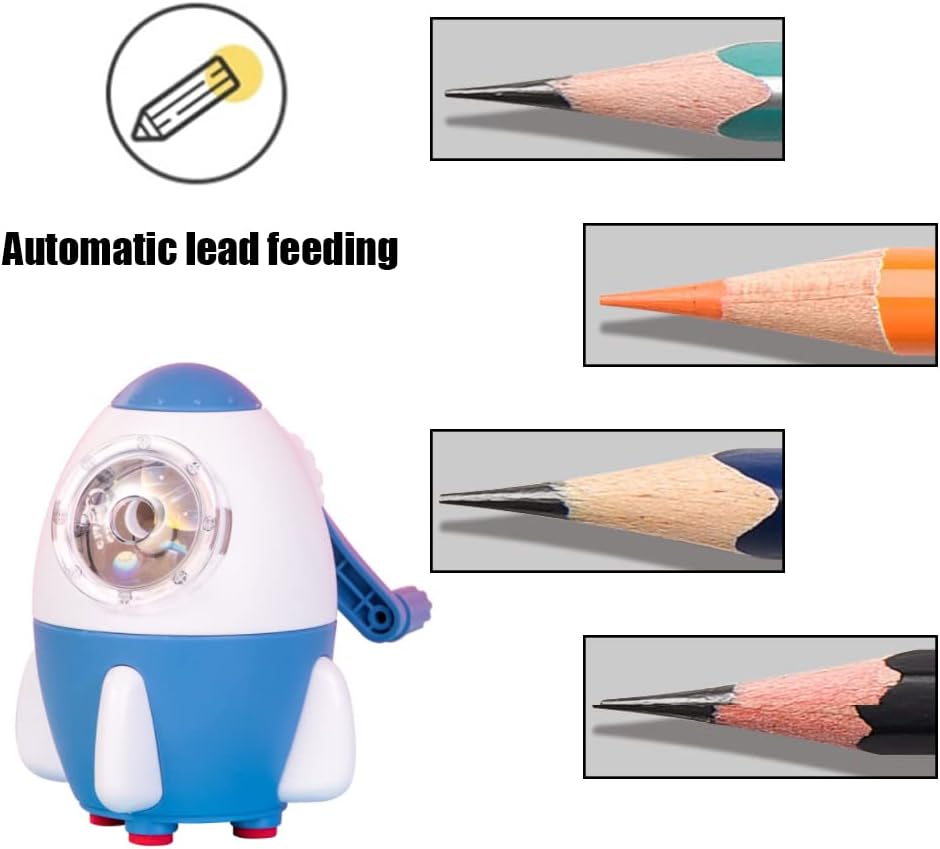 Coo11 Kids Rocket Design Pencil Sharpener, Kinder garden Hand-Crank Cute Primary School Fun, Multifunctional, Easy Sharpening, Stationery Gift for Boys & Girls, Suitable for 3+ (Blue)