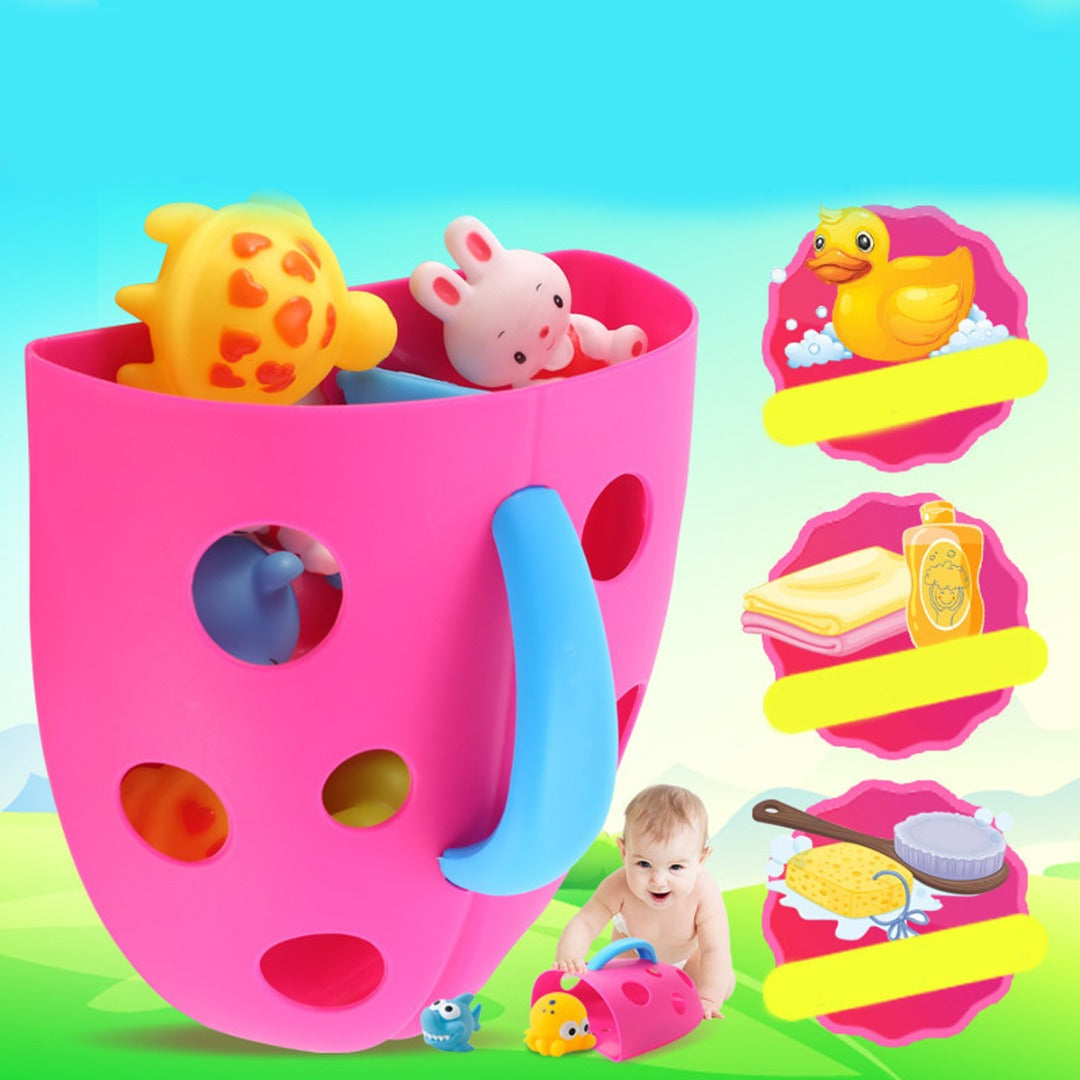 Coo11 Wall-Mounted Bath Toy Organizer Red & Baby Adjustable Shower Cap Pink & Baby Frog Design Bath Rinse Cup Red