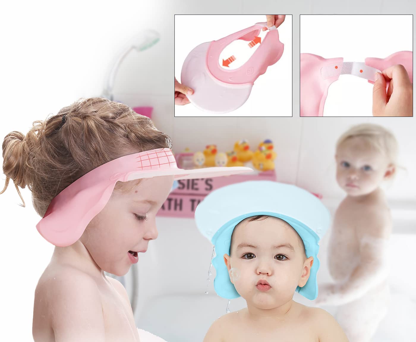 Coo11 Wall-Mounted Bath Toy Organizer Red & Baby Adjustable Shower Cap Pink & Baby Frog Design Bath Rinse Cup Red