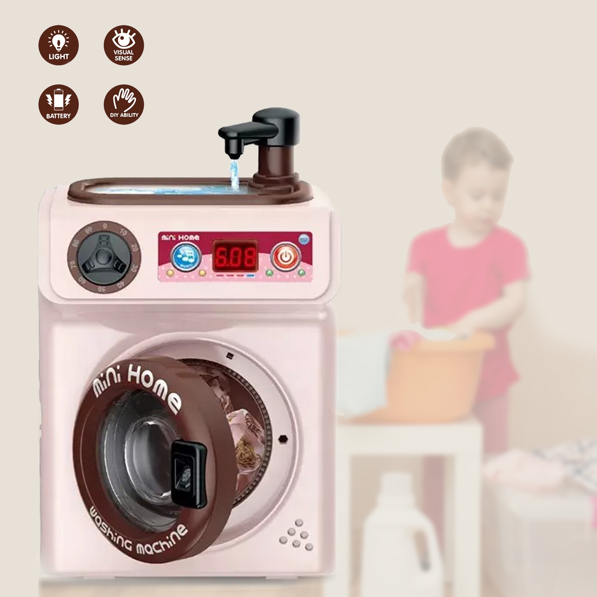 Coo11 Washing Machine Toy for Kids Pretend Play Household Appliance Realistic Sounds with Lights Interactive Laundry Play Set with Rotatable Roller for Children Birthday Present