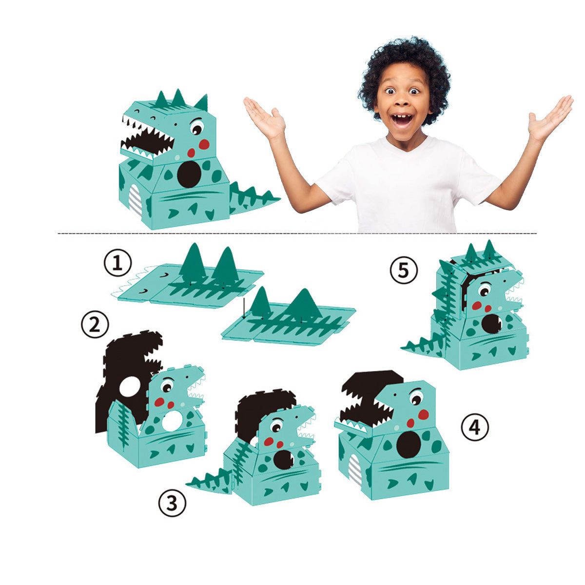 Coo11 Dinosaur Carton Cardboard Box, Handmade Animal DIY Dressing Wearable Toy for Indoor Outdoor, Kindergarten Fun, Portable, Lightweight, Perfect Gift for Boys & Girls, Suitable for 3+ (Turquoise Green)